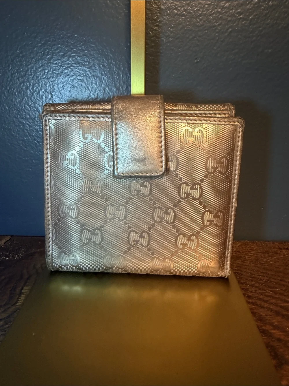 Gucci Vintage Metallic Gold GG Monogram Compact Wallet with Double-G Charm